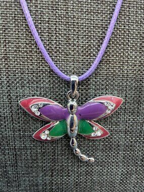 Dragonfly Pendant Necklace 18 In Purple Cord Colorful Enamel Wings Rhinestones